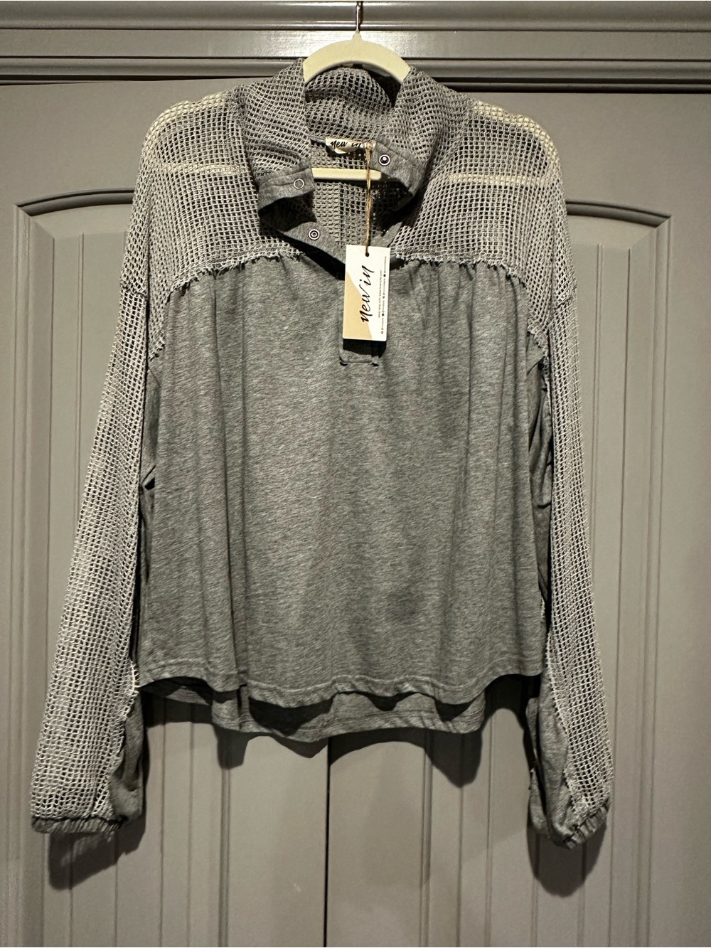 Heather Gray Mesh-Yoke Long Sleeve Top